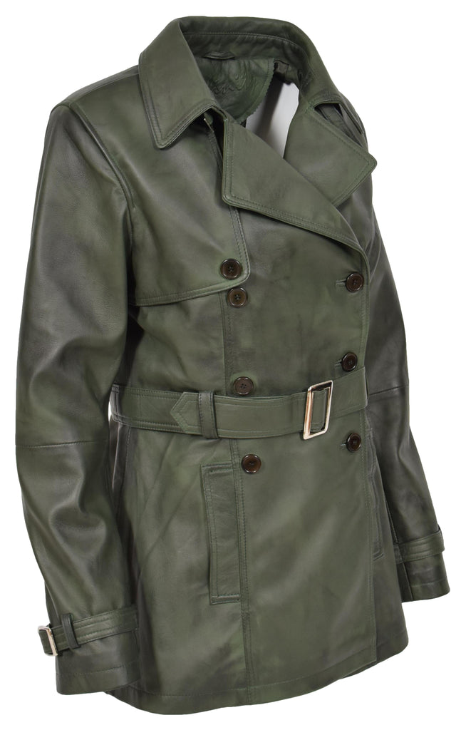 DR201 Women's Leather Buttoned Coat With Belt Smart Style Green 2