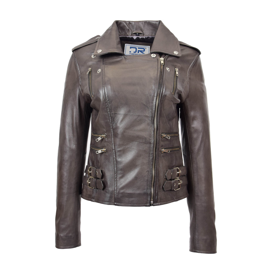 DR195 Women’s Trendy Biker Leather Jacket Grey 5