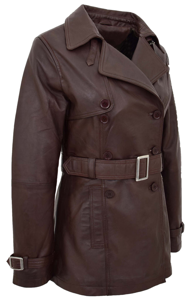 DR201 Women's Leather Buttoned Coat With Belt Smart Style Brown 8