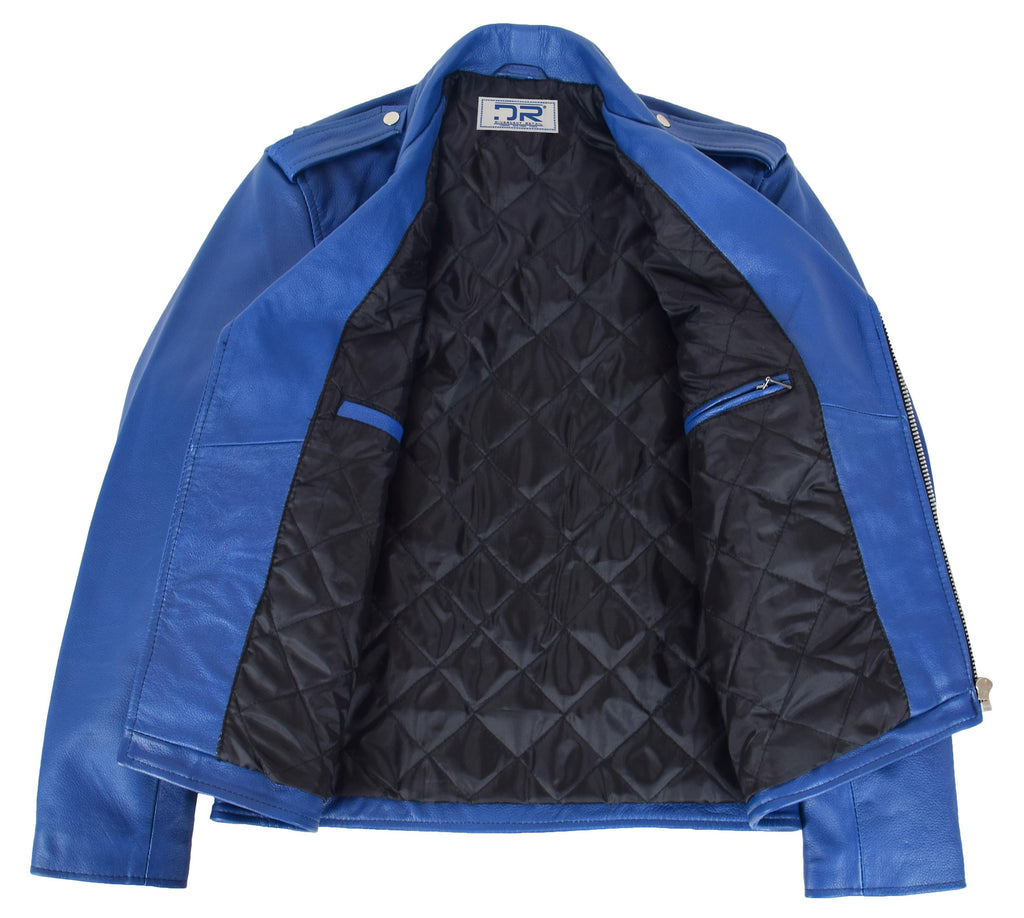 DR159 Men's New Mild Leather Biker Jacket Blue 9