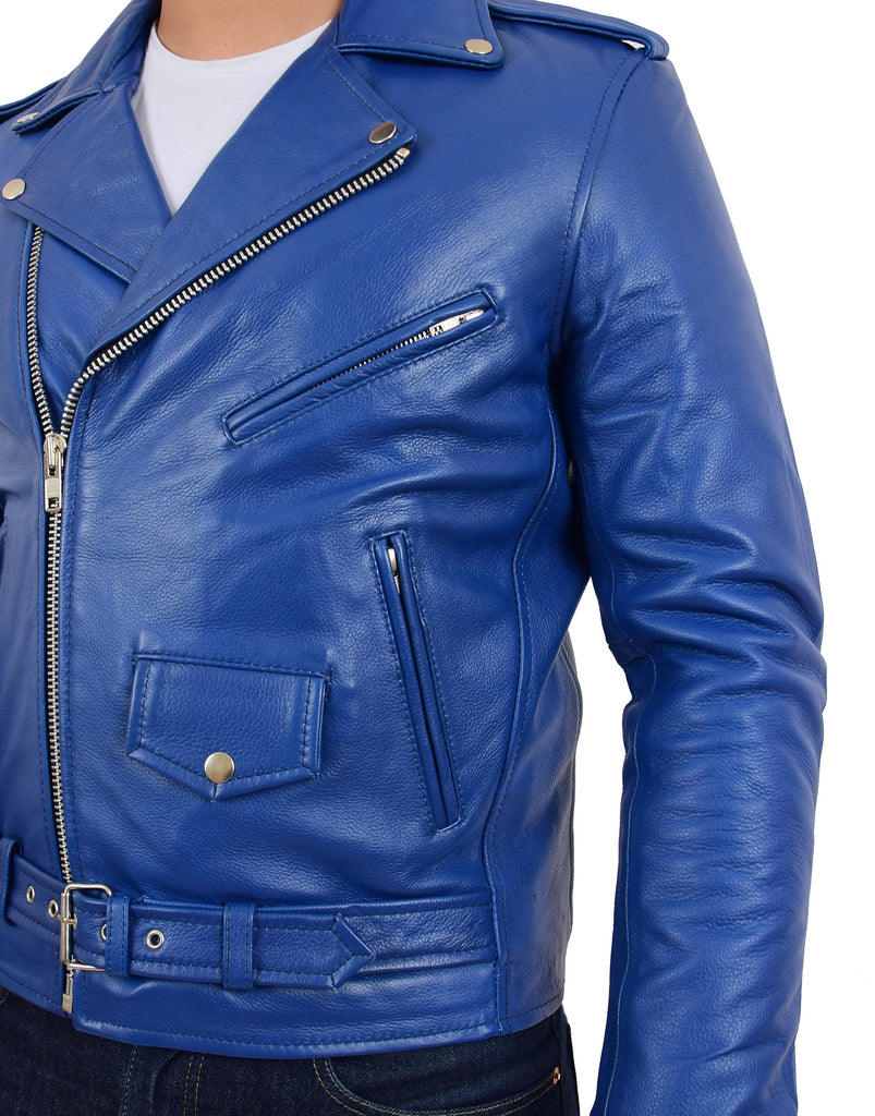 DR159 Men's New Mild Leather Biker Jacket Blue 8
