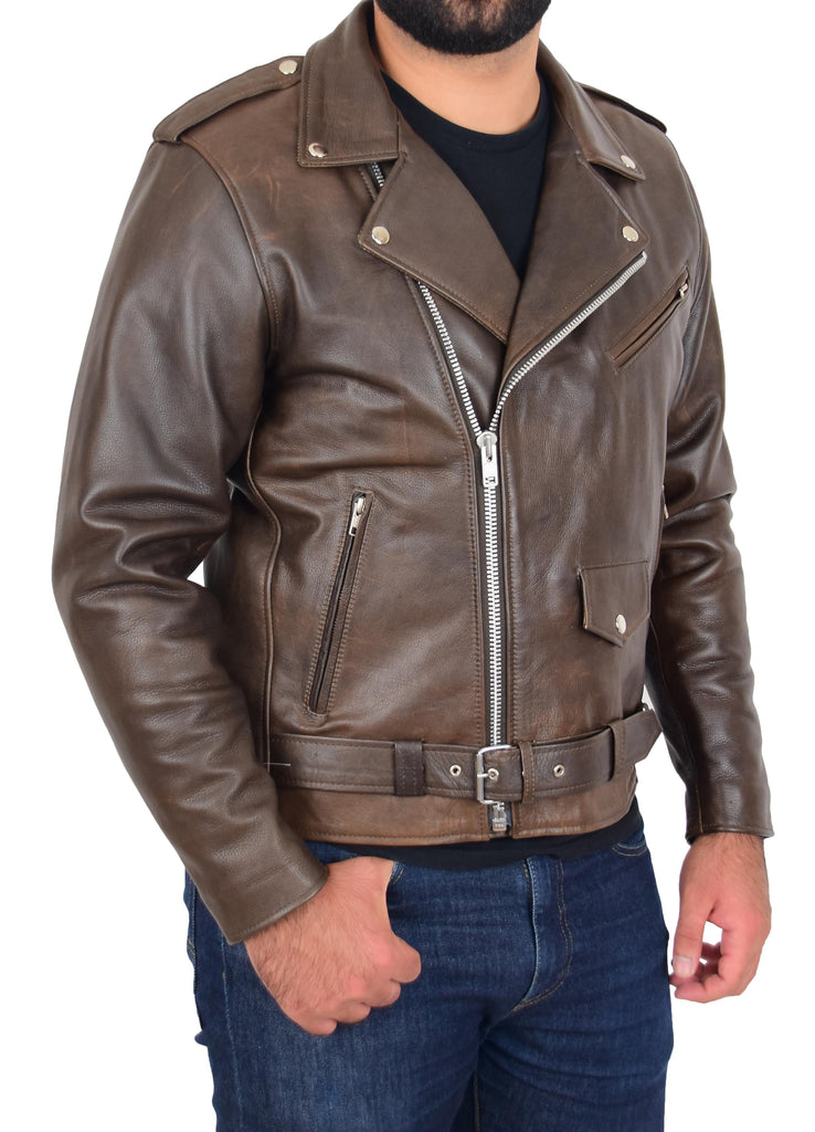 DR159 Men's New Mild Leather Biker Jacket Brown 9