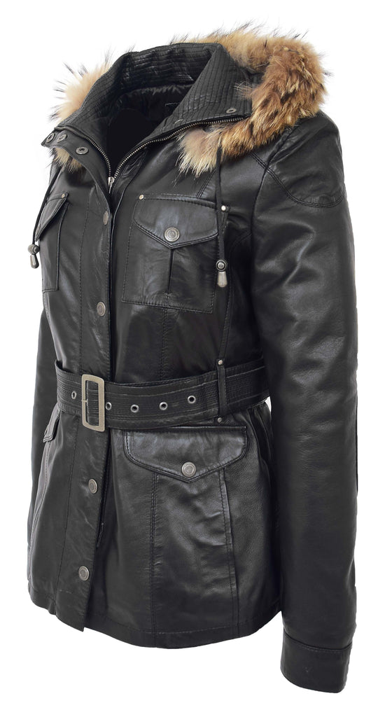 DR225 Women's Winter Warm Leather Hood Jacket Black 2