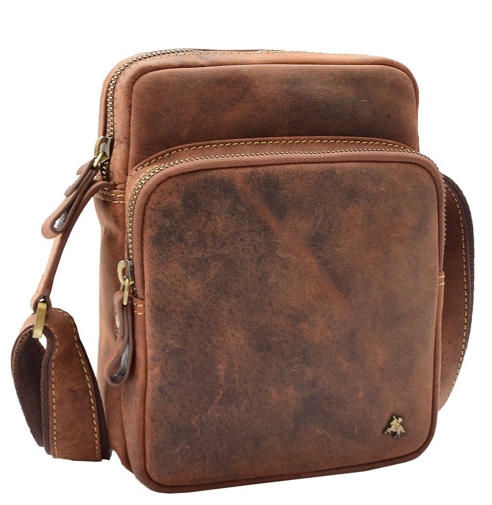 DR387 Men's Smart Crossbody Bag Genuine Leather Multi Pockets Tan 2
