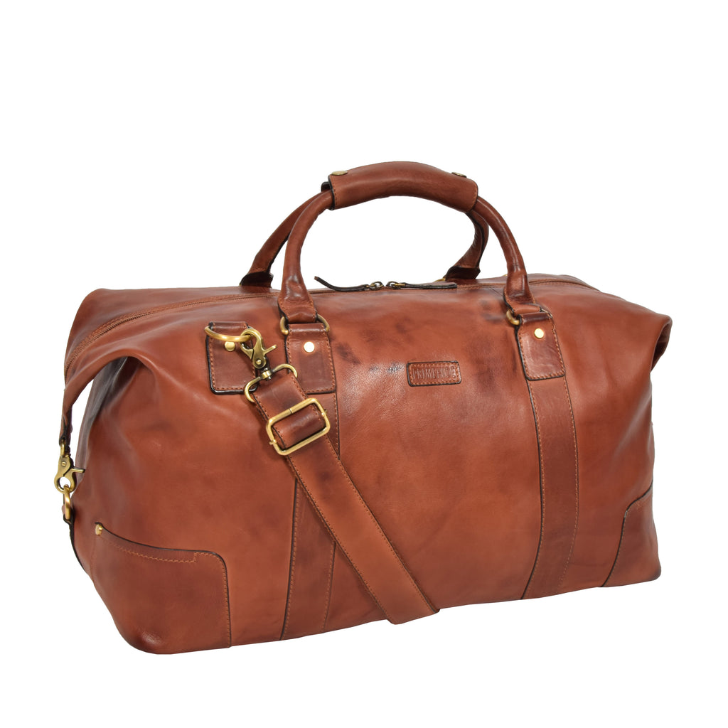 DR324 Genuine Leather Holdall Travel Weekend Duffle Bag Tan 1