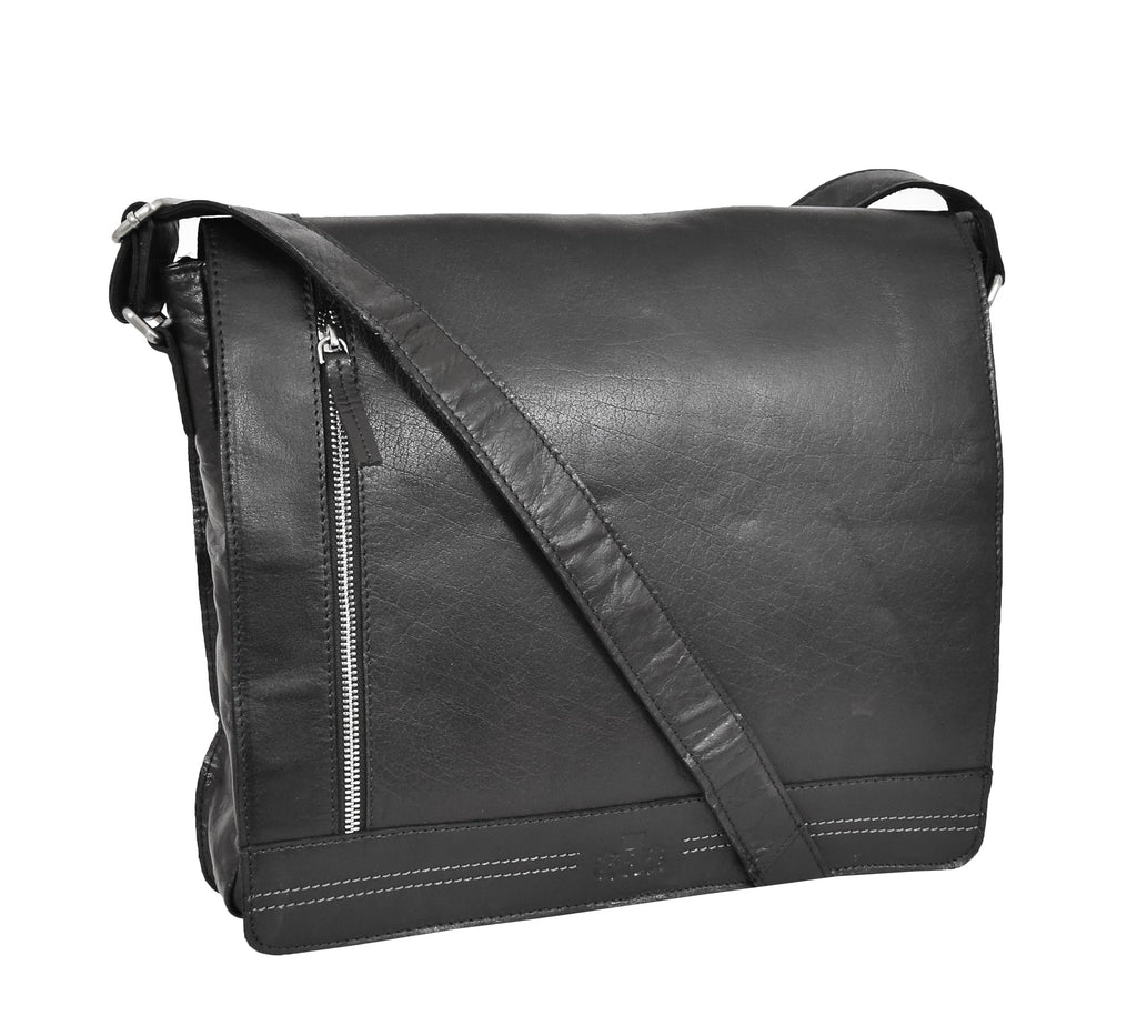 DR456 Men's Leather Flap Over Cross Body Bag Black 7