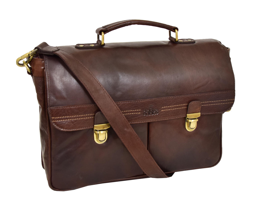 DR457 Men's Leather Briefcase Cross Body Satchel Bag Brown 3