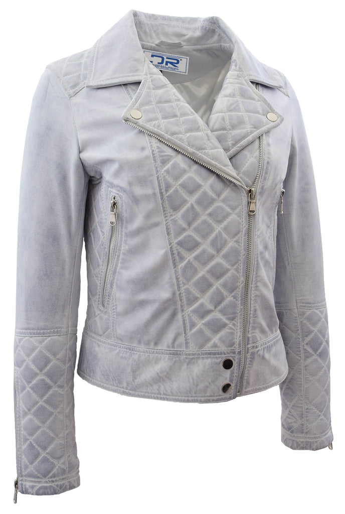 DR238 Women's Leather Biker Jacket with Quilt Detail White 3