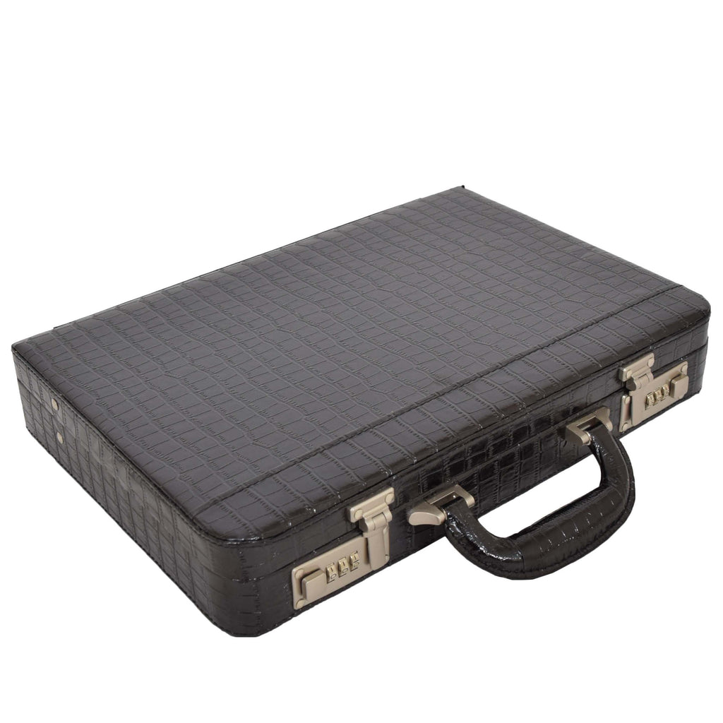 DR485 Croc Print Attache Small Briefcase Classic Faux Leather Bag Black 1