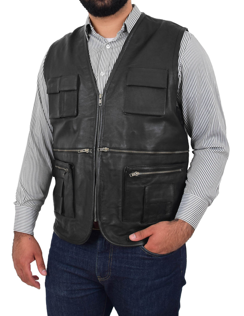 DR163 Men's Leather Military Style Leather Waistcoat Black 3