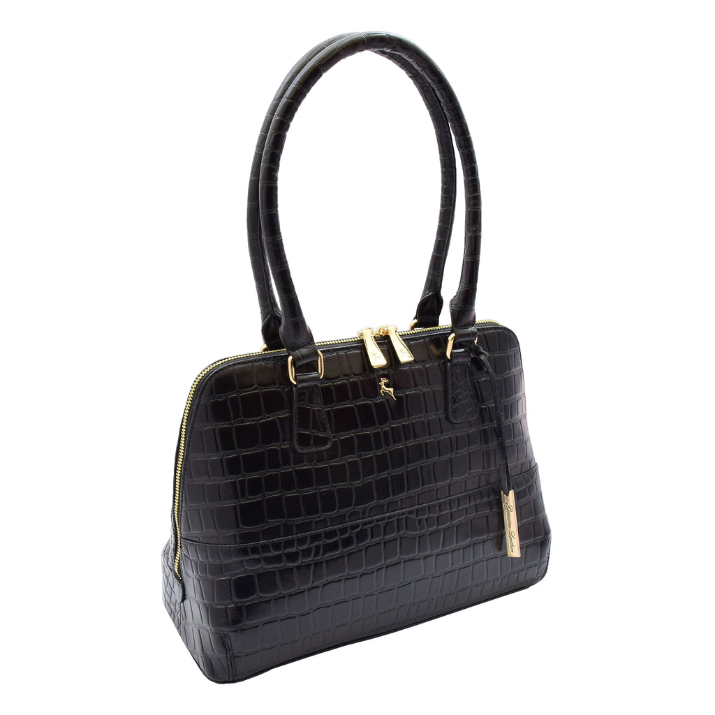 DR298 Women's Leather Handbag Doctor Shape Croc Print Hobo Bag Black 1