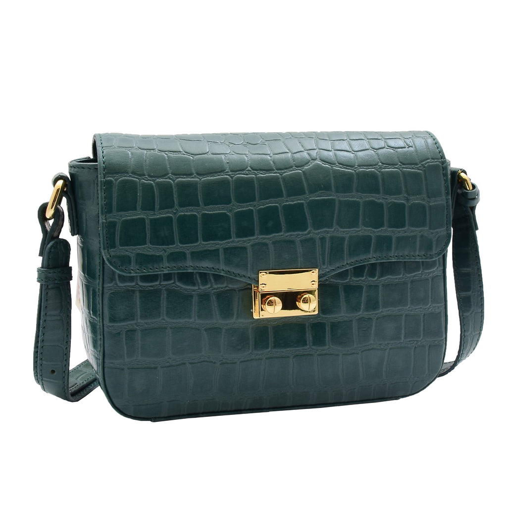 DR297 Women's Cross Body Bag Croc Print Handstitched Leather Handbag Green 1