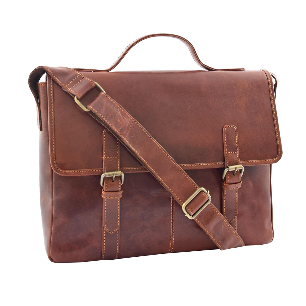 DR361 Men's Leather Cross Body Flap Over Briefcase Brown 1