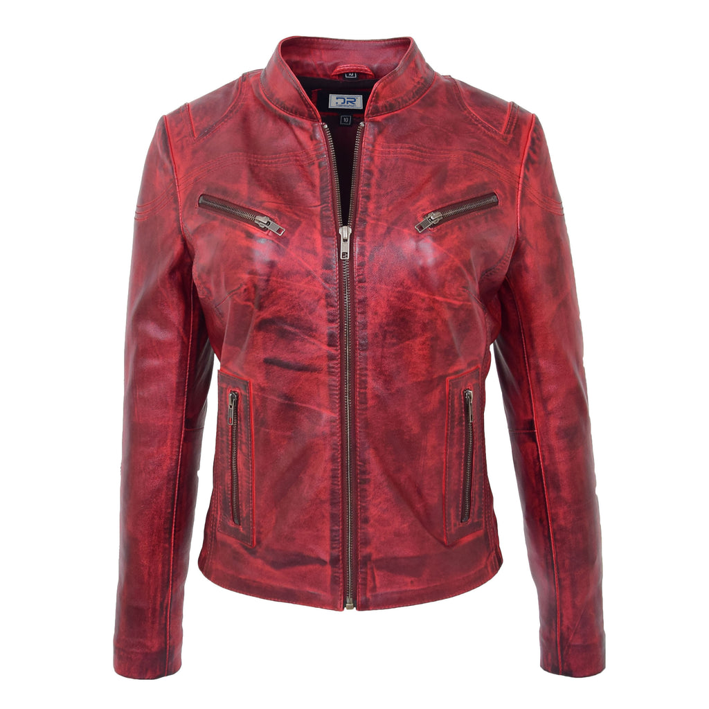 DR200 Ladies Classic Casual Biker Leather Jacket Barn Red 1