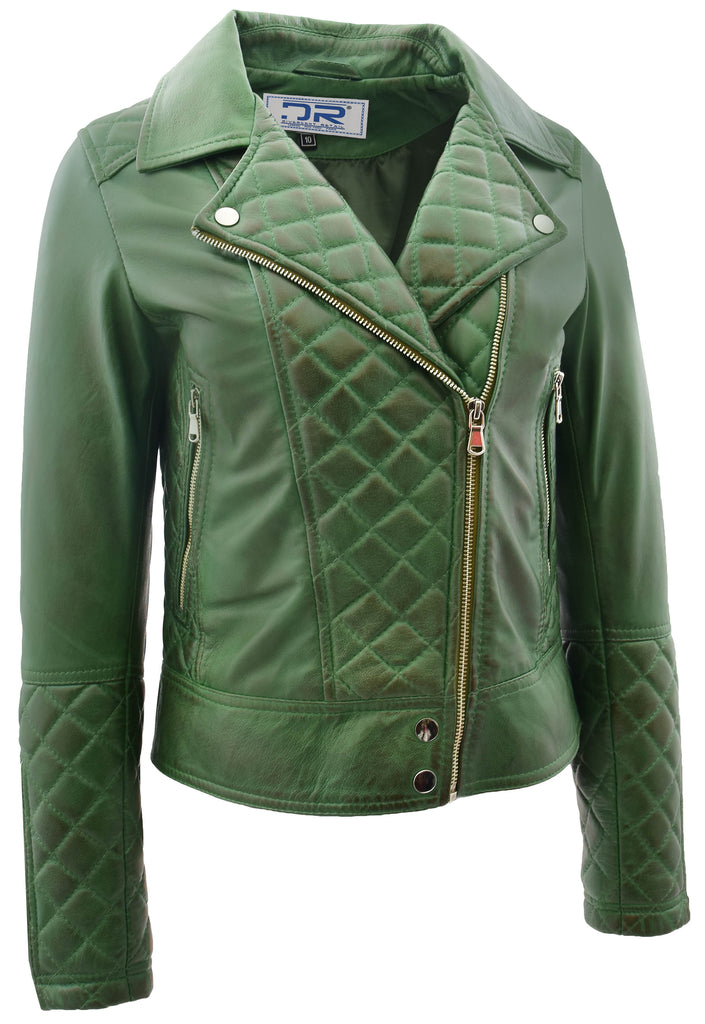 DR238 Women's Leather Biker Jacket with Quilt Detail Green 3