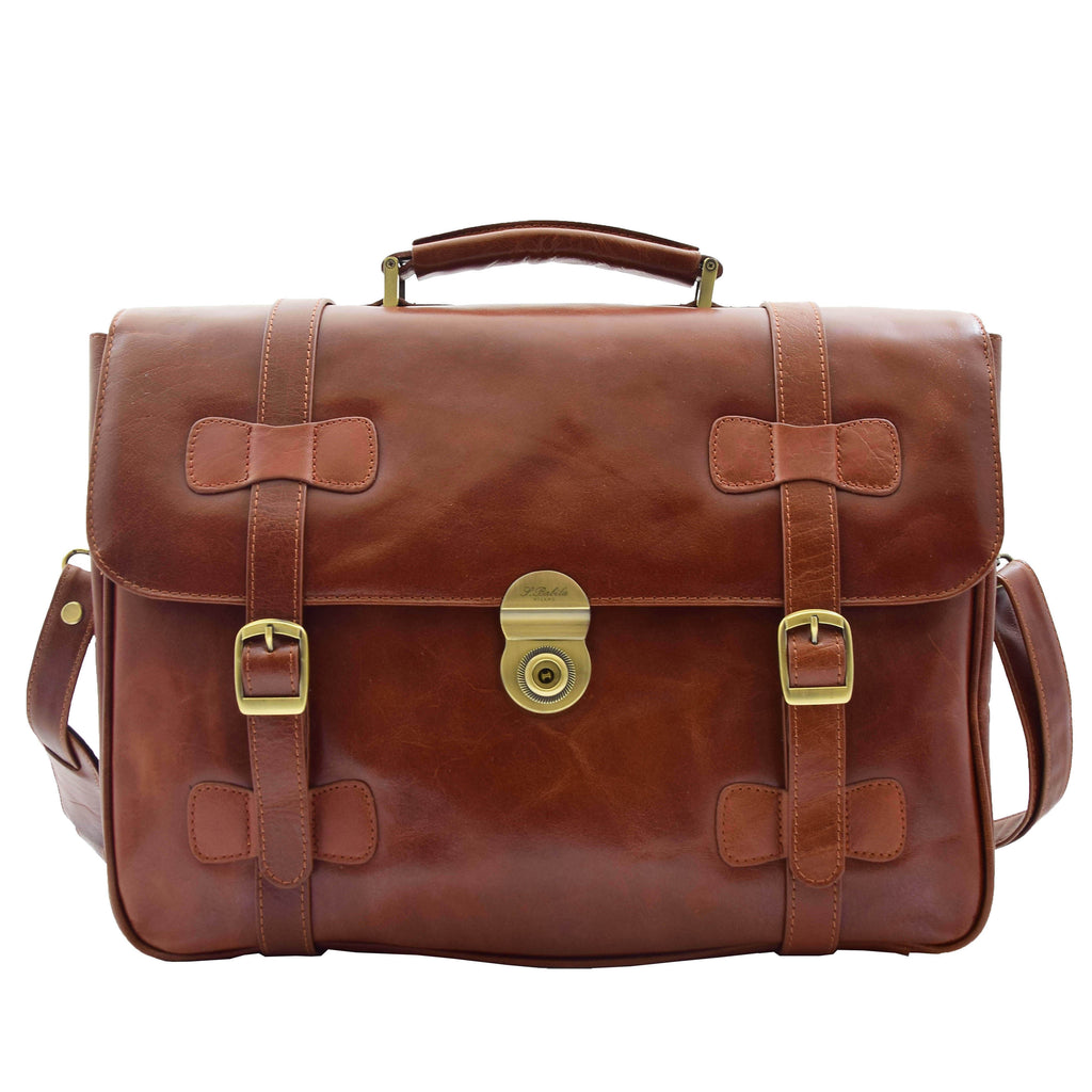 DR480 Men's Leather Briefcase Cross Body Bag Cognac 1