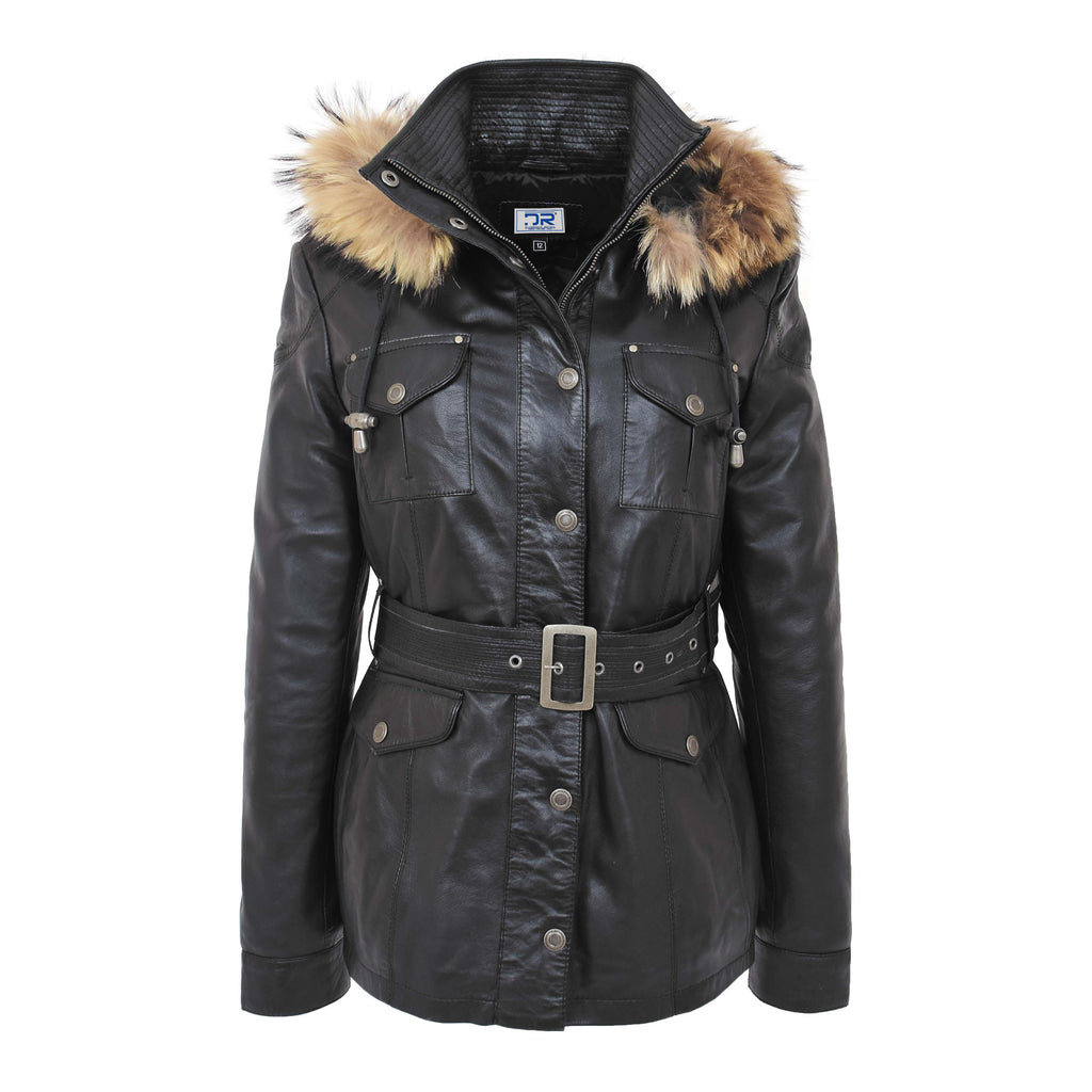 DR225 Women's Winter Warm Leather Hood Jacket Black 1