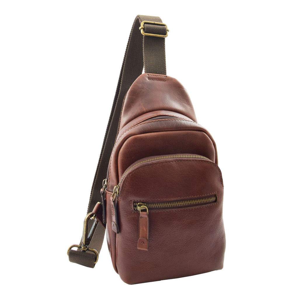 DR295 Real Leather Cross Body Chest Bag Brown 1