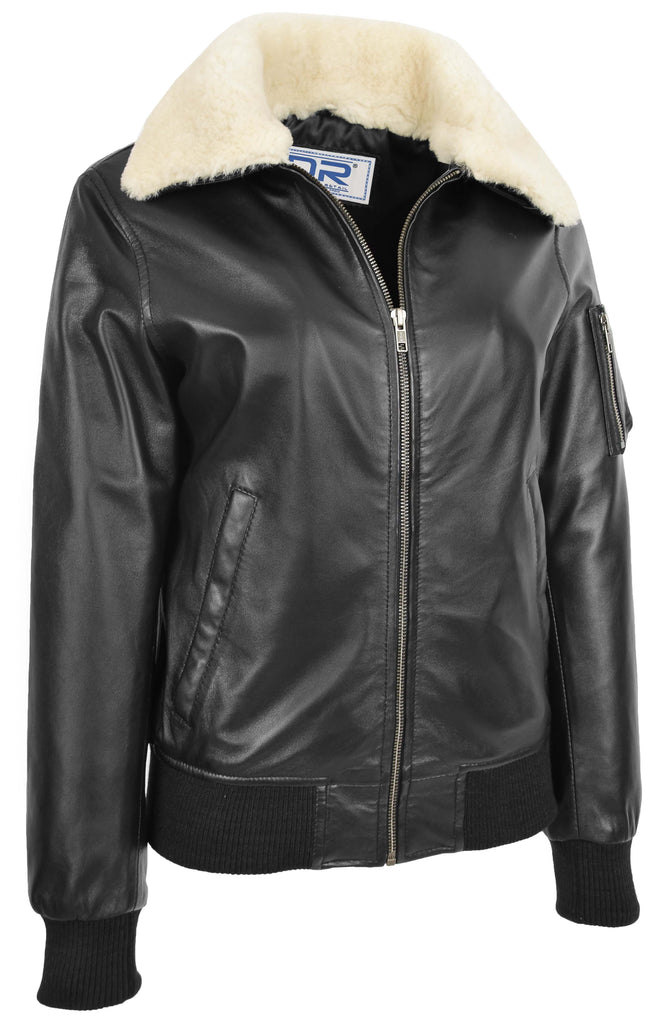 DR241 Women's Leather Bomber Jacket Removable Collar Black 3