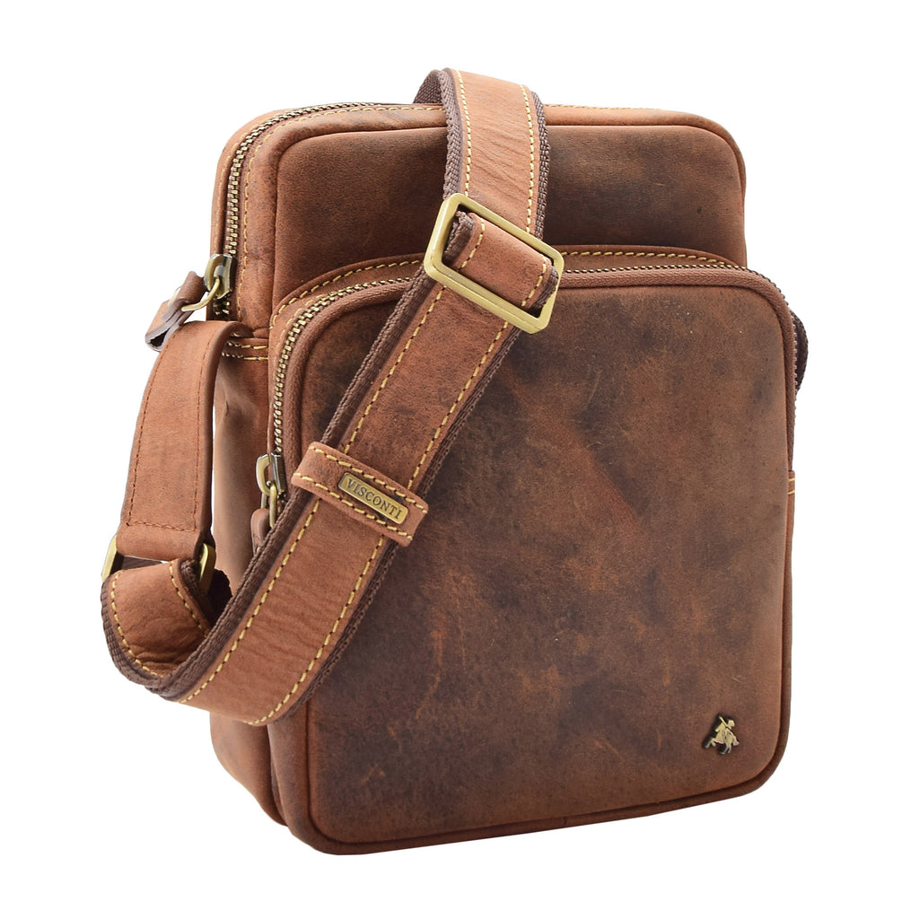 DR387 Men's Smart Crossbody Bag Genuine Leather Multi Pockets Tan 1