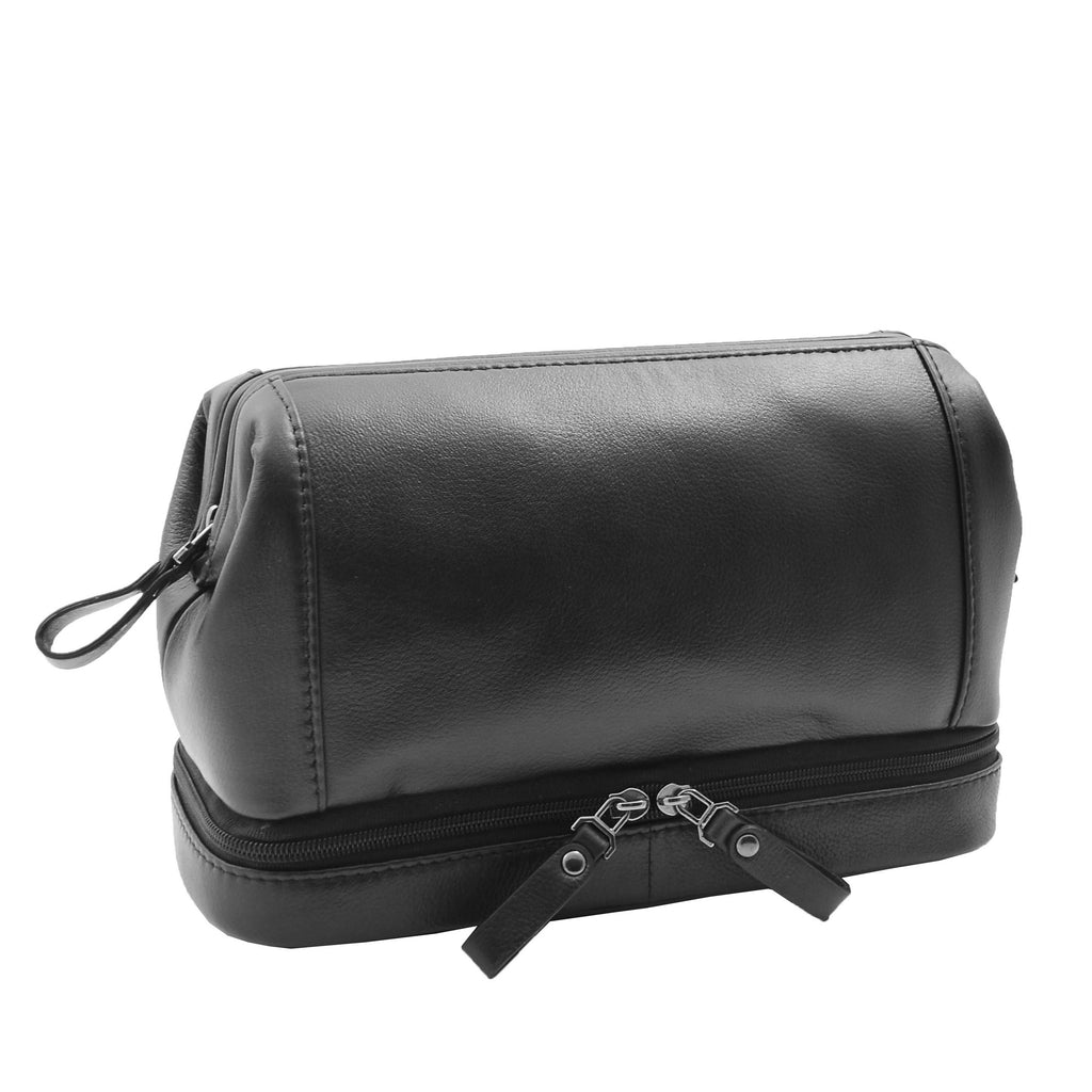 DR347 Real Leather Toiletry Wash Bag Travel Pouch Black 1