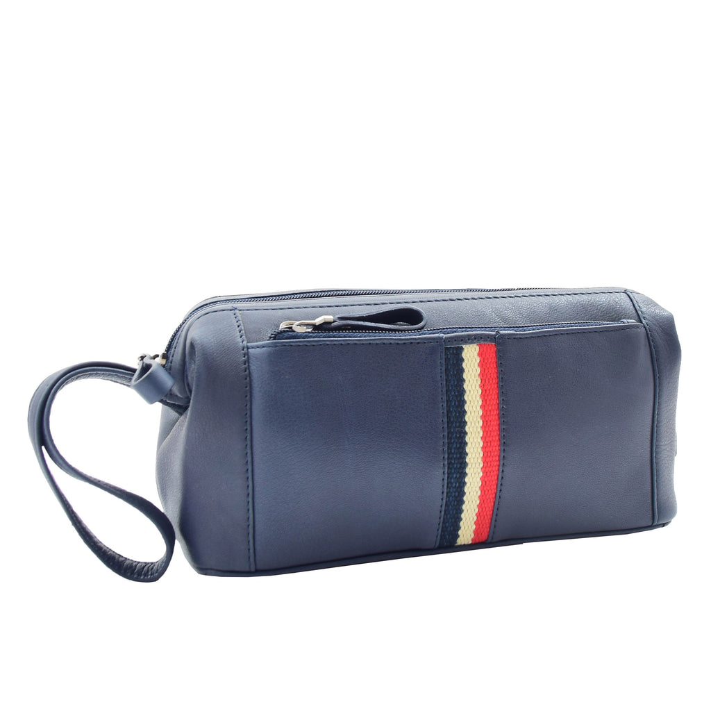 DR341 Real Leather Toiletry Wash Bag Wrist Pouch Navy 1
