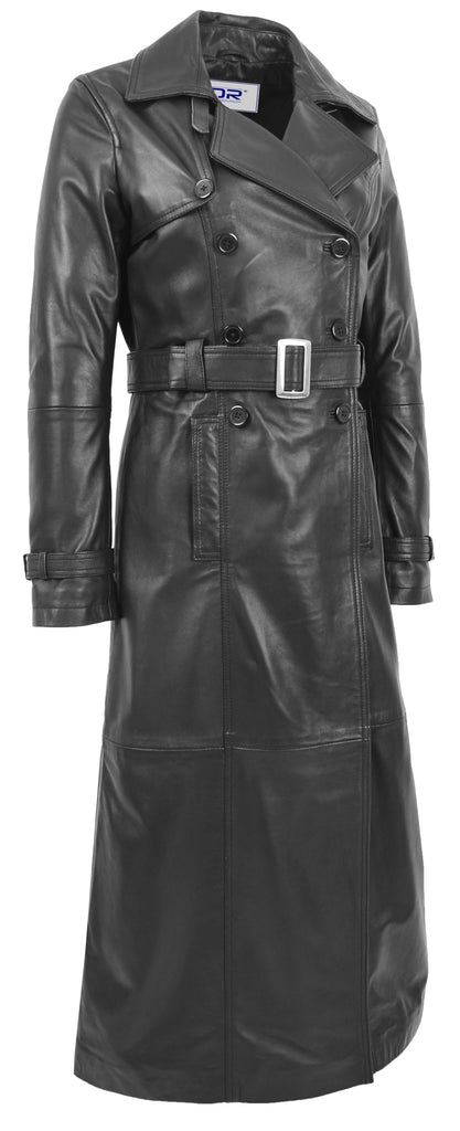 DR242 Women's Leather Full Length Trench Coat Black 2