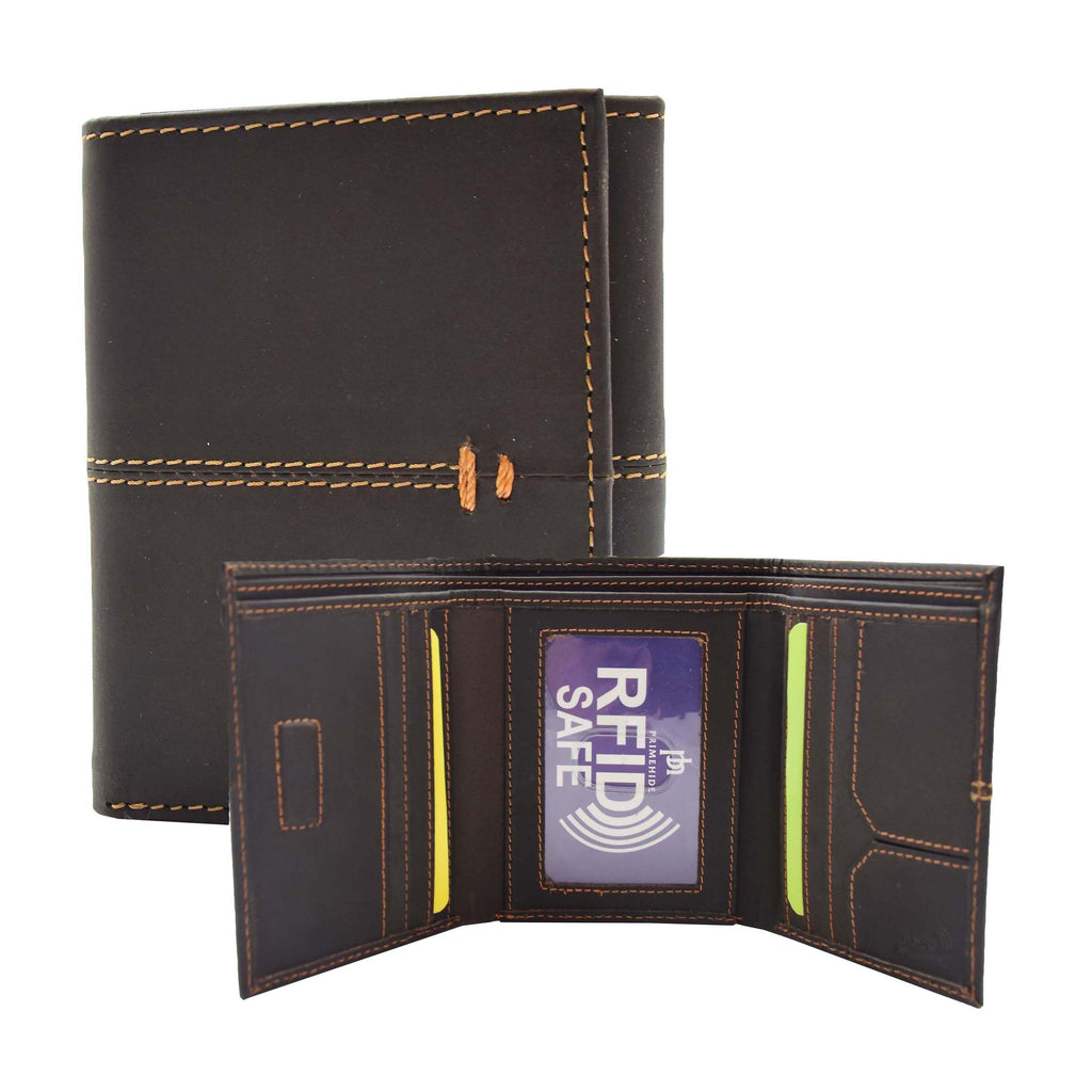 DR445 Men's Real Leather Slim Trifold Wallet Brown 1