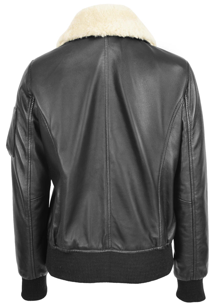 DR241 Women's Leather Bomber Jacket Removable Collar Black 4