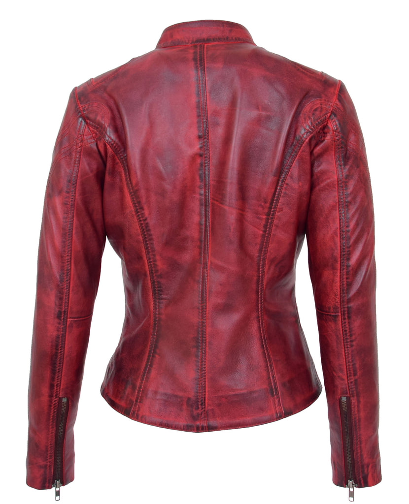 DR200 Ladies Classic Casual Biker Leather Jacket Barn Red 3