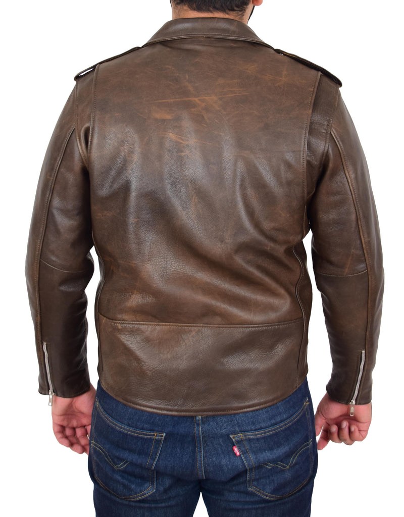 DR159 Men's New Mild Leather Biker Jacket Brown 3