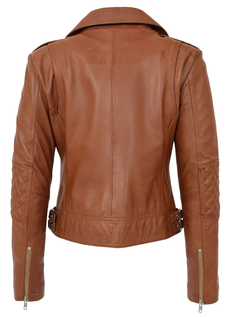 DR207 Women's Real Leather Biker Cross Zip Jacket Tan 4