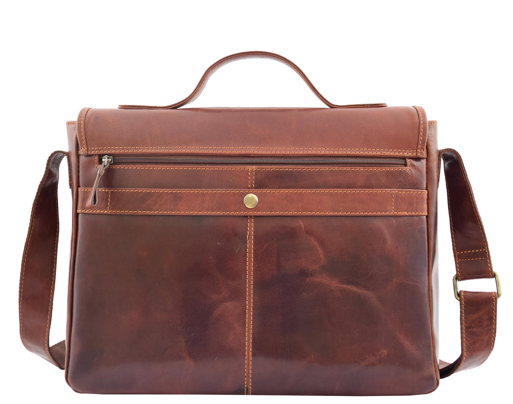 DR361 Men's Leather Cross Body Flap Over Briefcase Brown 2