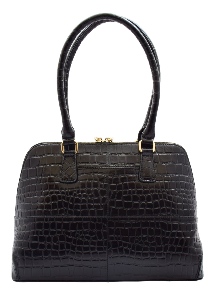 DR298 Women's Leather Handbag Doctor Shape Croc Print Hobo Bag Black 3