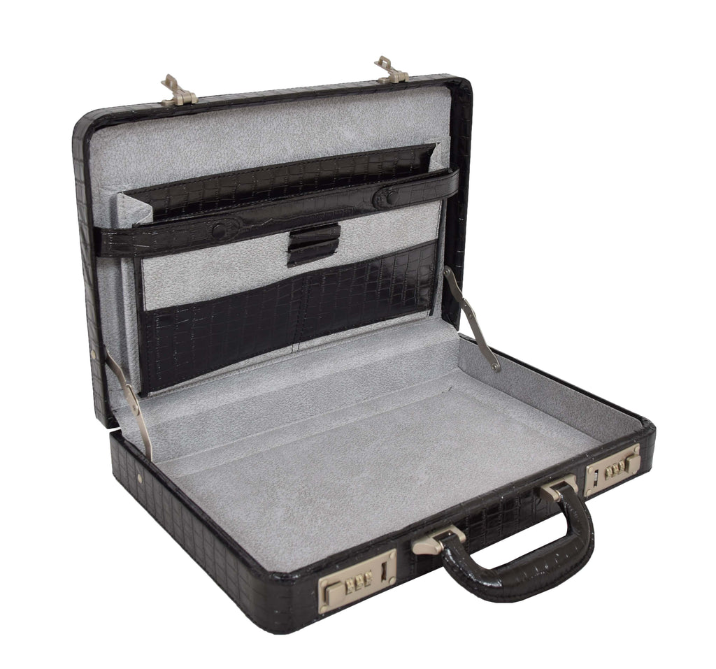 DR485 Croc Print Attache Small Briefcase Classic Faux Leather Bag Black 7