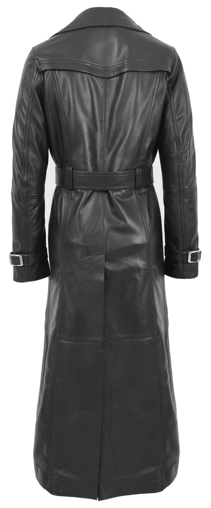 DR242 Women's Leather Full Length Trench Coat Black 3