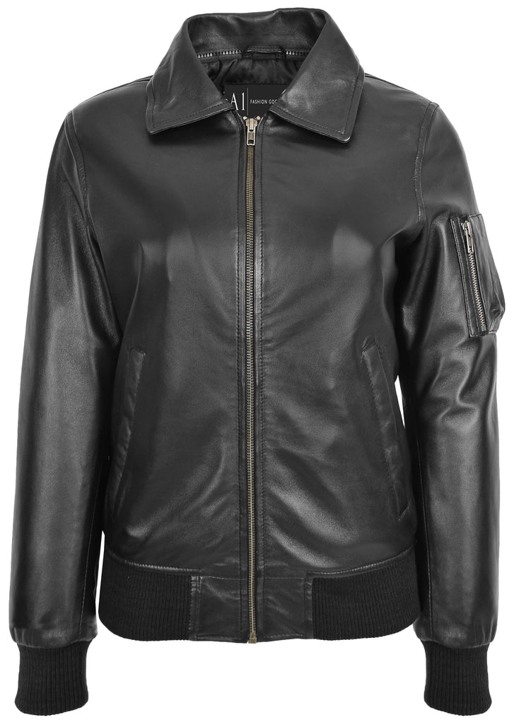DR241 Women's Leather Bomber Jacket Removable Collar Black 5
