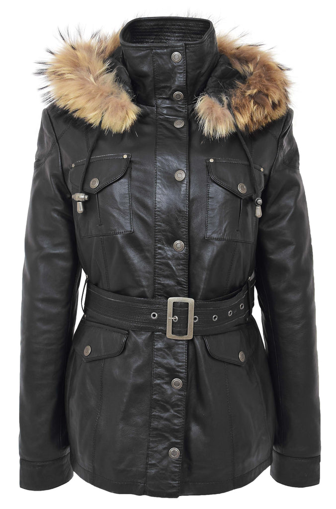 DR225 Women's Winter Warm Leather Hood Jacket Black 5