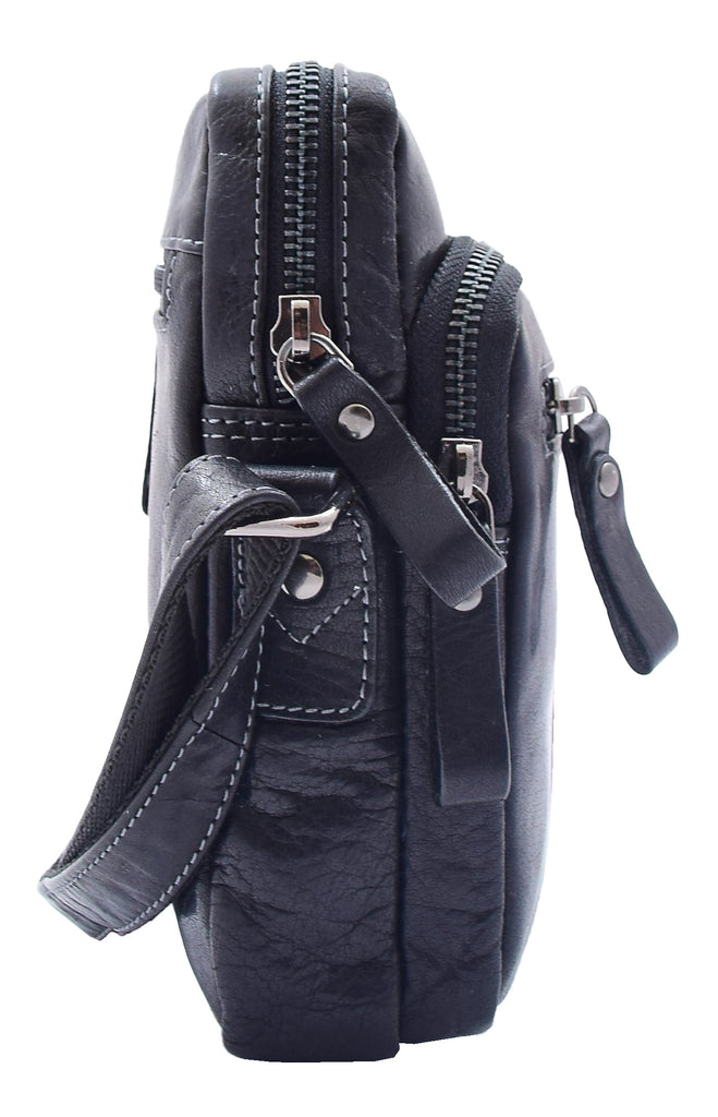 DR340 Men’s Black Leather Cross Body Flight Bag Multi Zip Pockets 3