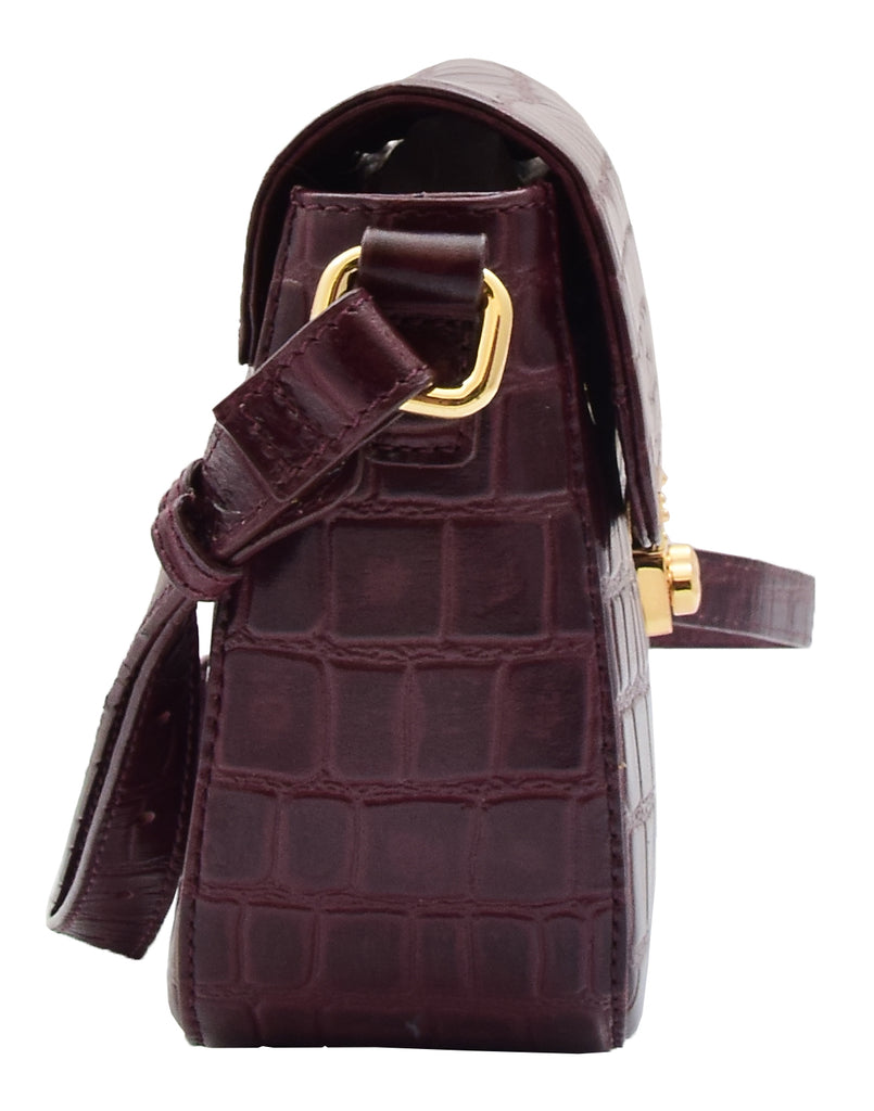 DR297 Women's Cross Body Bag Croc Print Handstitched Leather Handbag Bordo 3