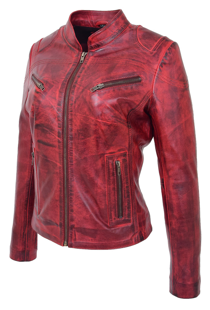 DR200 Ladies Classic Casual Biker Leather Jacket Barn Red 4