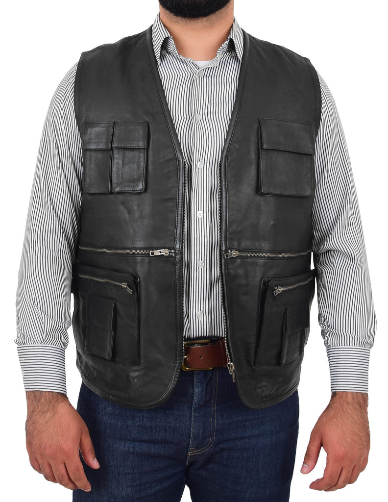 DR163 Men's Leather Military Style Leather Waistcoat Black 5