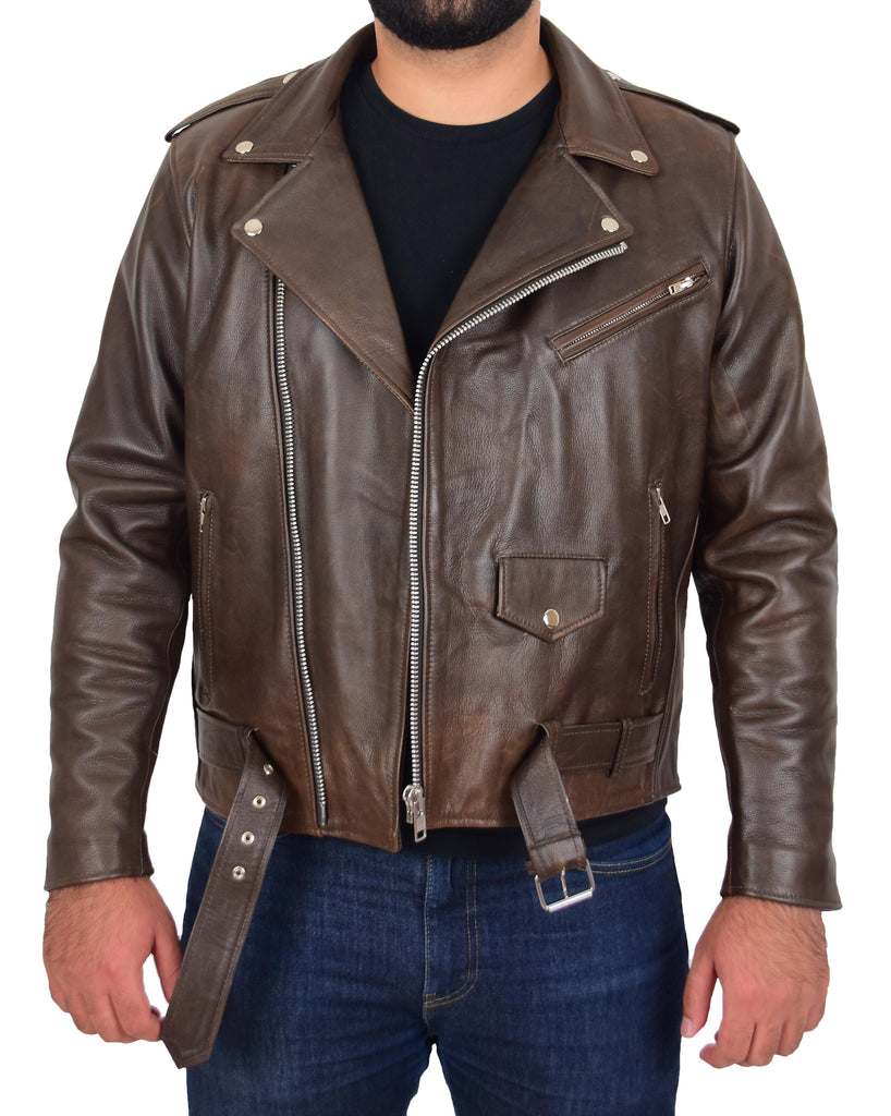 DR159 Men's New Mild Leather Biker Jacket Brown 4
