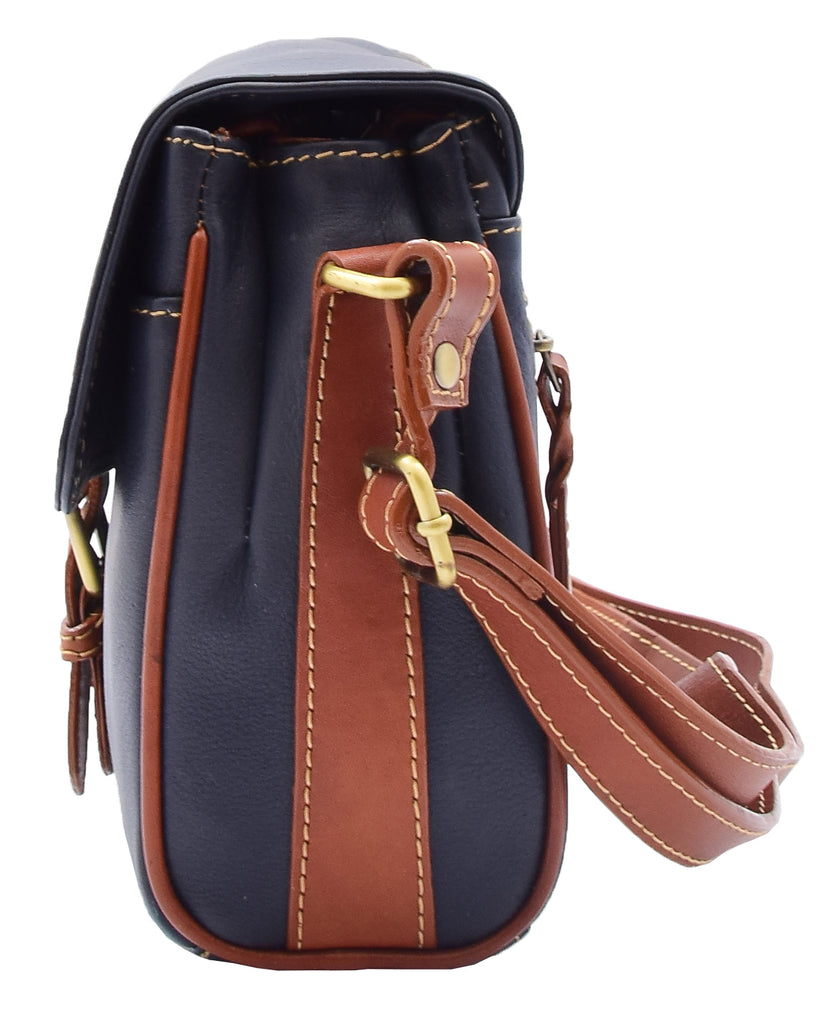 DR464 Women Genuine Leather Crossbody Bag Satchel Saddle Navy/Tan 4