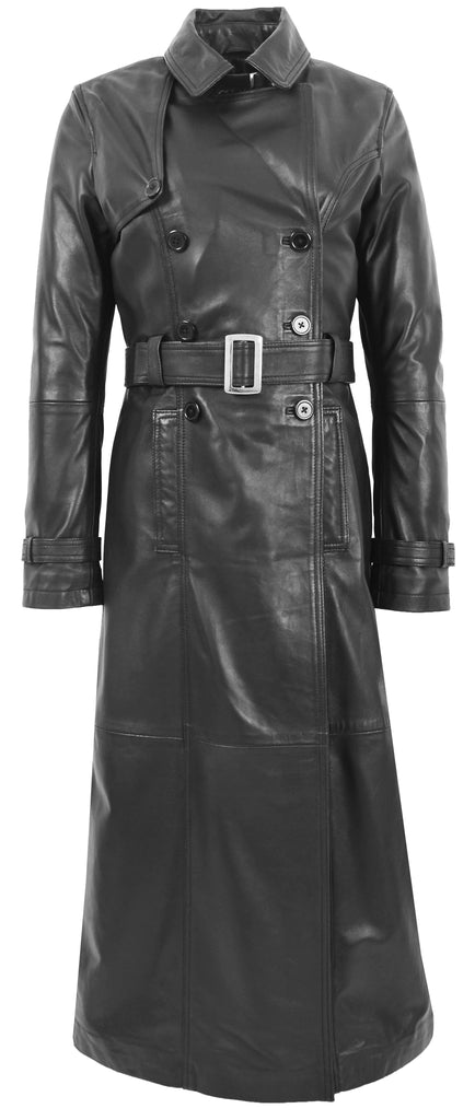 DR242 Women's Leather Full Length Trench Coat Black 4
