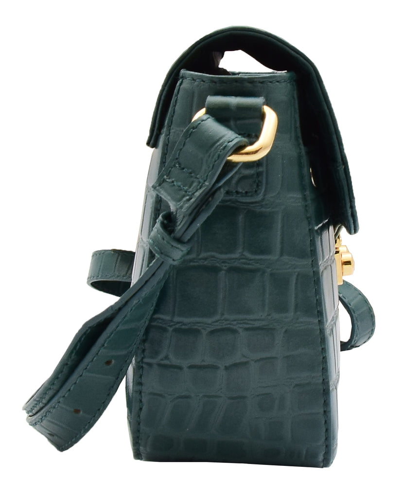 DR297 Women's Cross Body Bag Croc Print Handstitched Leather Handbag Green 2