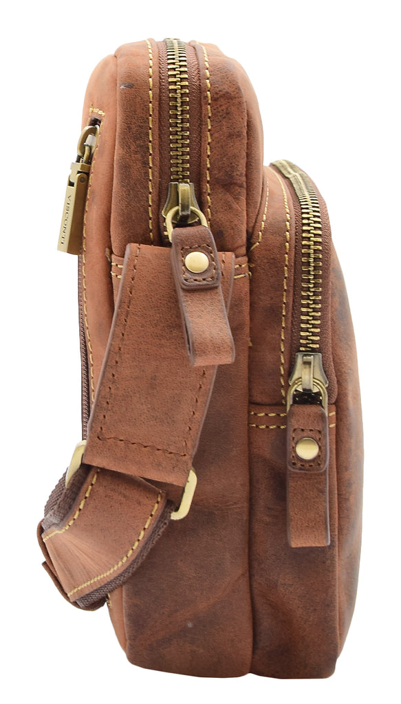 DR387 Men's Smart Crossbody Bag Genuine Leather Multi Pockets Tan 6