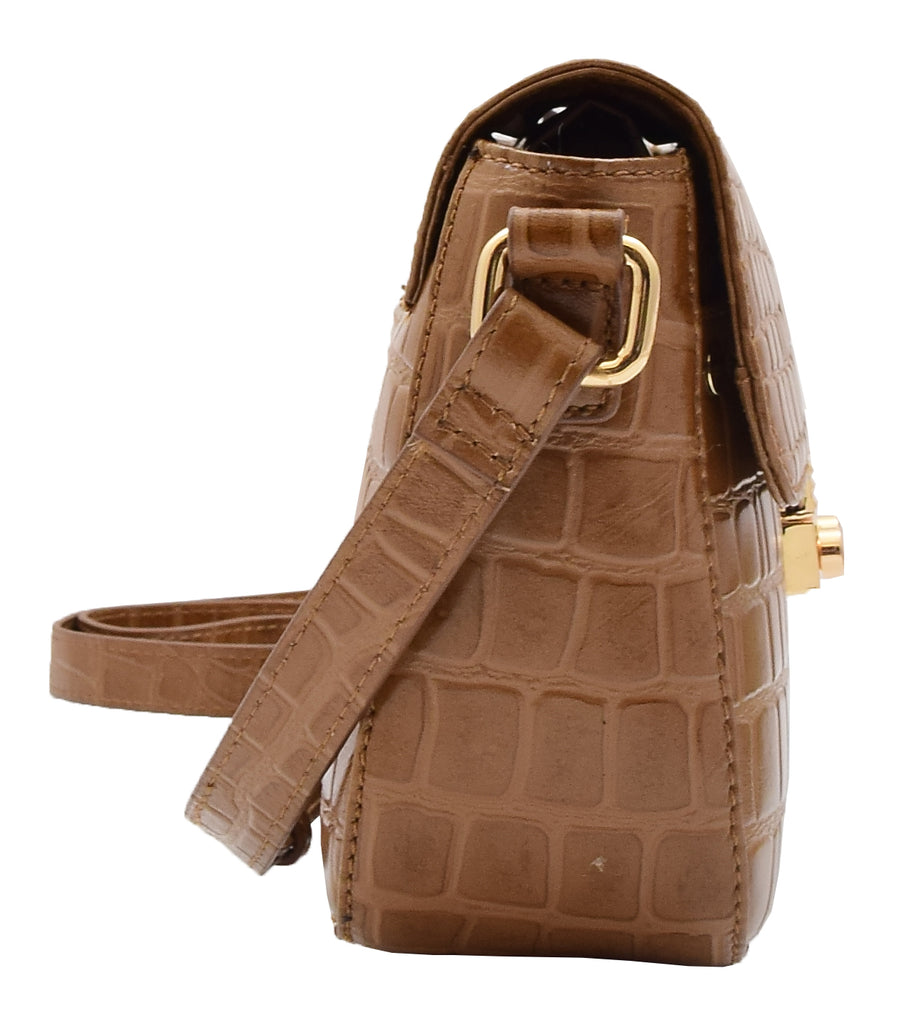 DR297 Women's Cross Body Bag Croc Print Handstitched Leather Handbag Tan 2