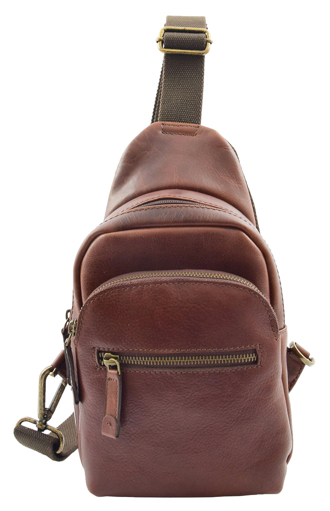 DR295 Real Leather Cross Body Chest Bag Brown 2