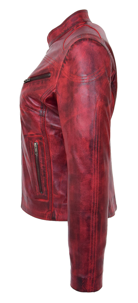 DR200 Ladies Classic Casual Biker Leather Jacket Barn Red 5